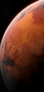 Orange-red Mars planetary surface with space backdrop.