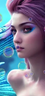 Beautiful mermaid fantasy art for mobile wallpaper in vibrant aqua tones.