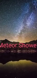 Meteor shower over mountain landscape with starry night sky.