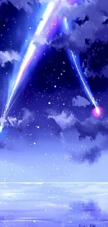 Dark purple sky with meteors and stars.