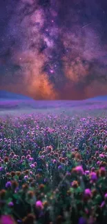 Purple floral field under a starry, cosmic night sky.