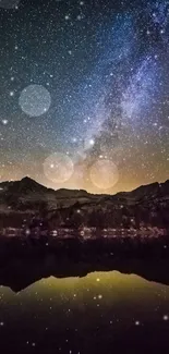 Stunning night sky with Milky Way over mountains and lake reflection.