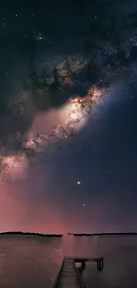 Milky Way galaxy over calm lake at night.