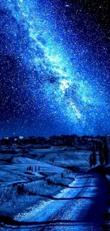 Starry night sky with milky way galaxy over a dark landscape.