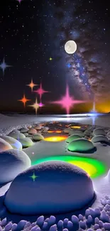 Colorful stones under starry Milky Way sky with moonlight.