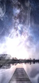 Milky Way reflecting over a tranquil lake under a starry night sky.