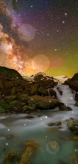 Milky Way over waterfall with starry night sky scene.