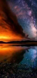 Milky Way and fiery sunset reflected over tranquil water.