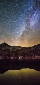 Stunning view of the Milky Way over mountains and reflective water under a starry sky.