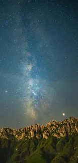 Milky Way galaxy over mountain peaks at night.