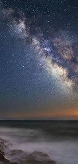 Milky Way galaxy above a peaceful ocean with a star-filled night sky.