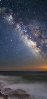 Milky Way over ocean with a starry night sky.