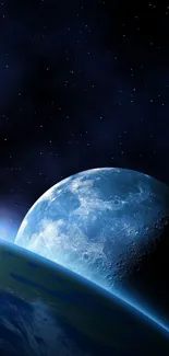 Mobile wallpaper featuring the moon and Earth from space with a starry background.