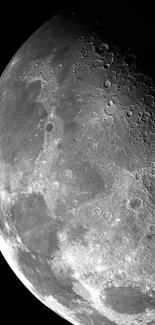 Black and white close-up of the moon’s cratered surface.