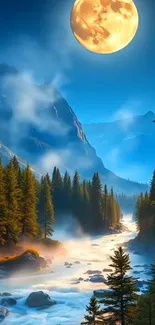 Moonlit mountain landscape with river and forest.