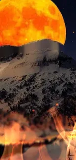 Moonlit mountain under vibrant fiery sky, perfect for wallpaper.