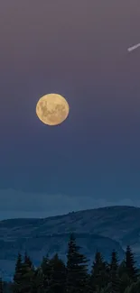 Full moon over purple mountain landscape under night sky.