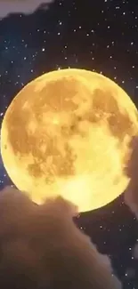 Golden moon in a starry night sky with clouds.