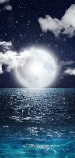 Moonlit ocean with starry sky and shining moon.