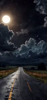 Moonlit road under dramatic cloudy night sky.