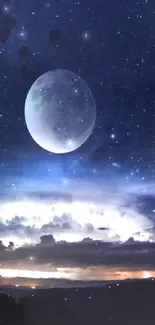 Moonlit night sky with full moon and stars over a serene landscape.