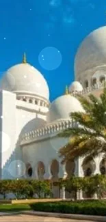 Beautiful mosque with white domes and palm trees under a clear blue sky.