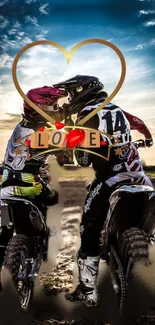 Two motocross bikers at sunset on a track.