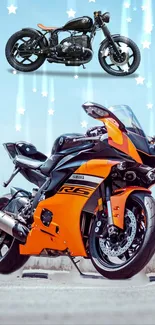 Orange sportbike and vintage motorcycle with starry sky background.