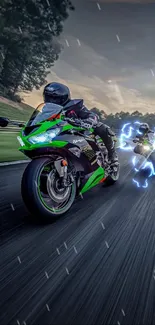 Dynamic motorcycle racing wallpaper with green bike on track.