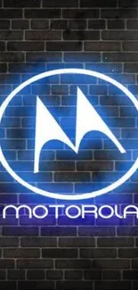 Motorola neon logo on dark brick wall wallpaper