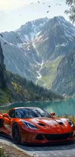 Red sports car on a mountain road with scenic view.