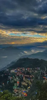 Mountain cityscape with dramatic skies at dusk, showcasing serene beauty.