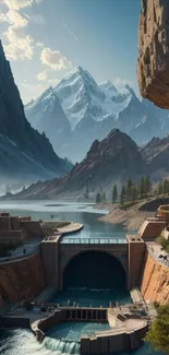 A breathtaking view of a mountain dam with towering peaks in the background.