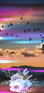 Wallpaper of a sunset over mountains with flying birds and floral patterns.