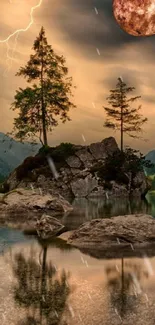 Stunning mountain lake at night with dramatic skies and a moonlit landscape.