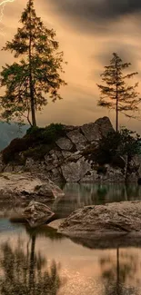 Serene mountain lake at sunset with trees and reflections.