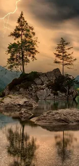 Mountain lake with trees and lightning under a dramatic sky.