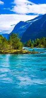 Serene mountain lake with lush forest and clear blue sky.