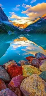 Stunning mountain and lake view with colorful rocks.