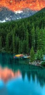 Mountain lake with sunrise reflections and evergreens in a tranquil setting.