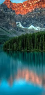 Breathtaking mountain lake with teal waters reflecting vibrant skies.