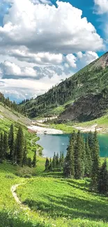 Stunning mountain lake with lush green landscape and blue sky.