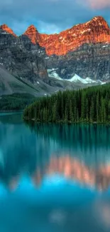 Breathtaking view of a mountain lake at sunset with vibrant reflections.