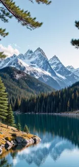 Serene mountain lake with pine trees and snow-capped peaks.