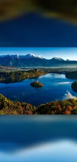 Mountain lake at sunrise with island and scenic view