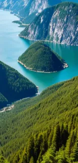 View of mountain lake through porthole, lush forests and tranquil waters.