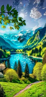 Stunning mountain lake view with lush greenery and clear blue sky.