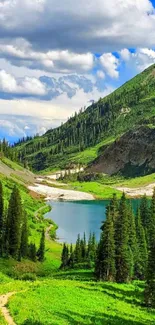 Serene mountain lake with lush greenery under blue sky.
