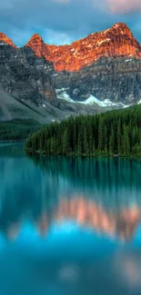 Serene mountain lake at twilight with reflections and forest.