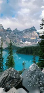 Turquoise mountain lake with pines and rocky peaks.